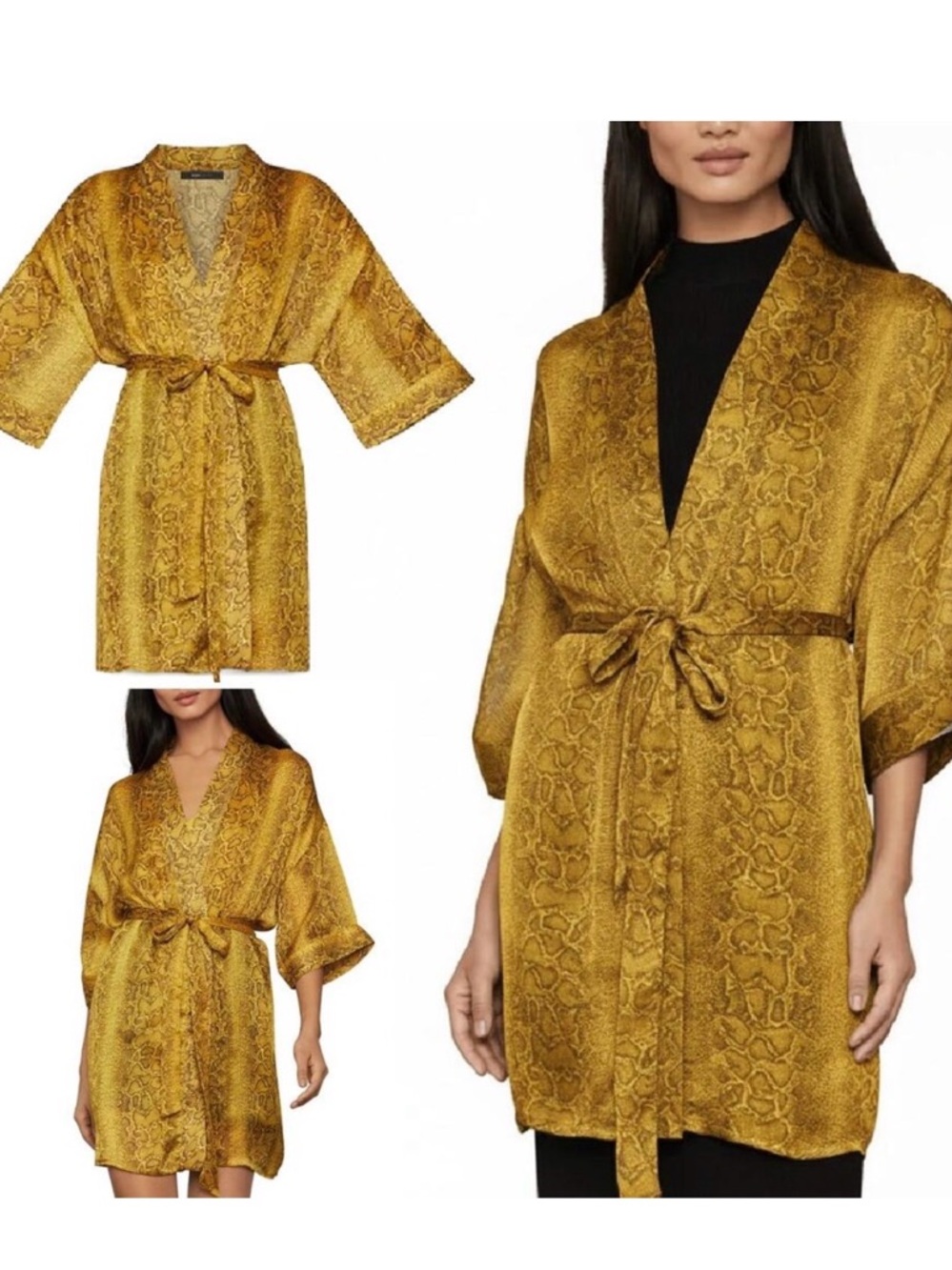 BCBGMaxAzria Gold Satin Jacquard Kimono Robe